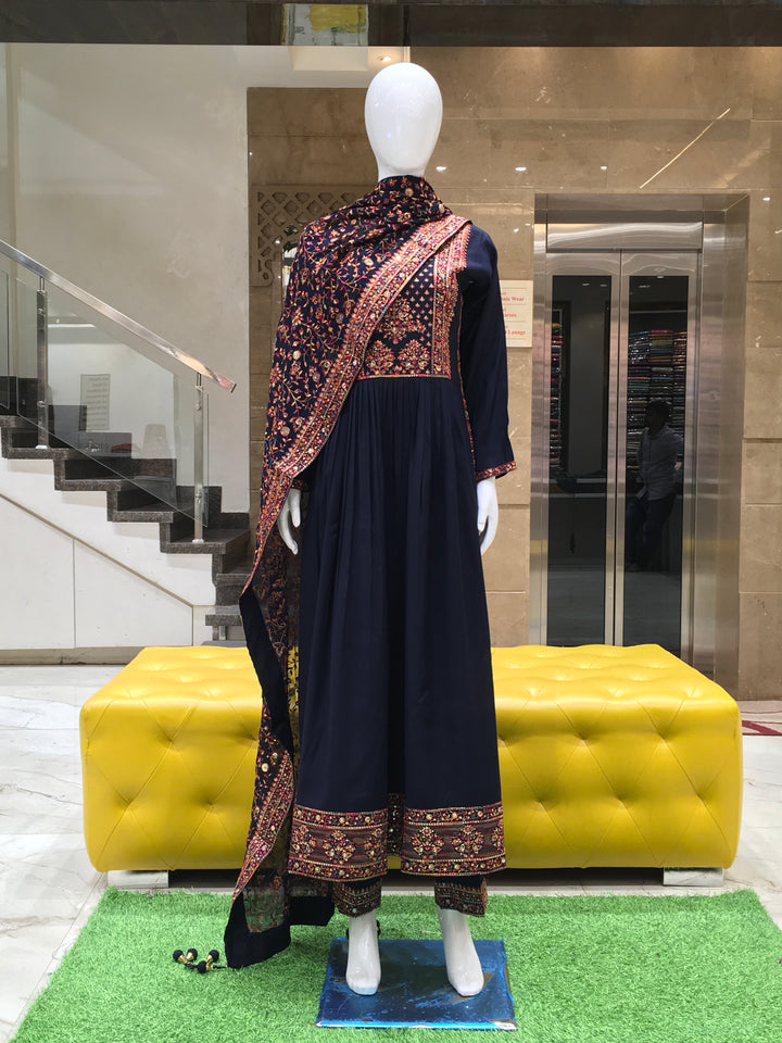 Navy Blue Sultan Silk A-Line Salwar Kurta Set With Dupatta 