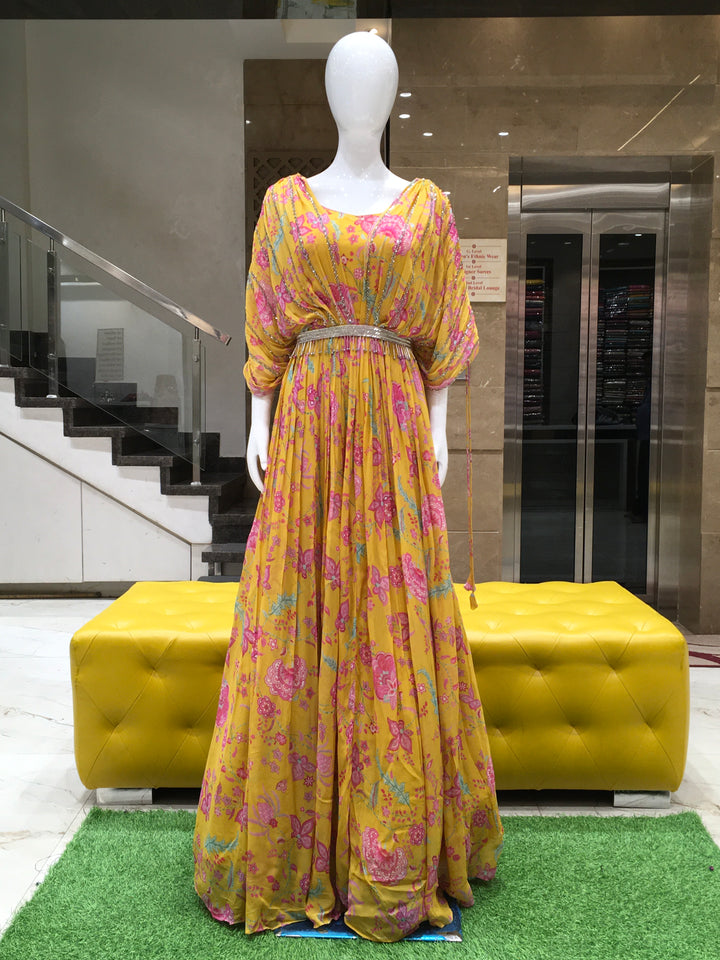 Mustard Yellow Georgette Floral Printed Gown 