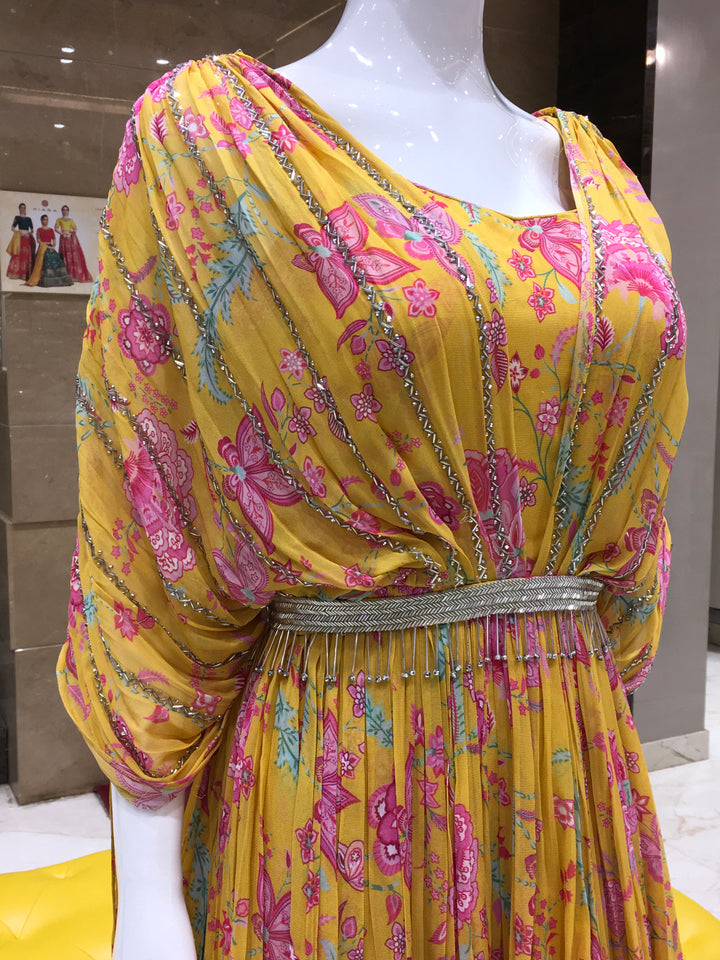Mustard Yellow Georgette Floral Printed Gown - 15022365 - View 2