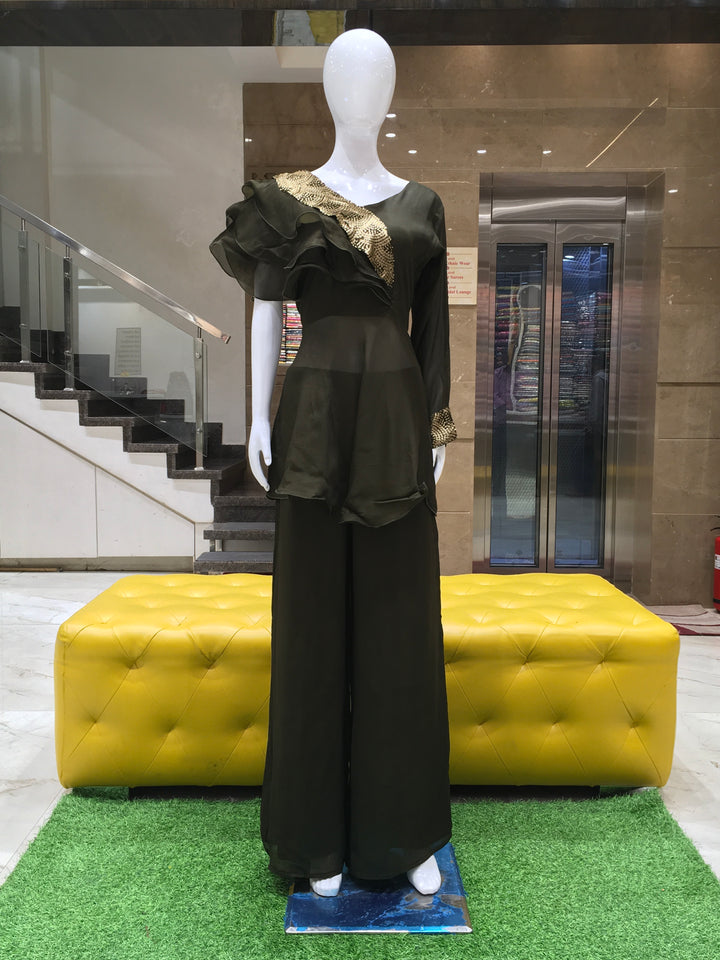 Olive Green Georgette pant and designer top set with asymmetrical sequin shoulder and palazzo pants in olive green