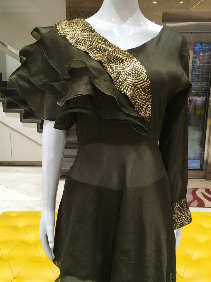 Olive Green Georgette pant and designer top set with asymmetrical sequin shoulder