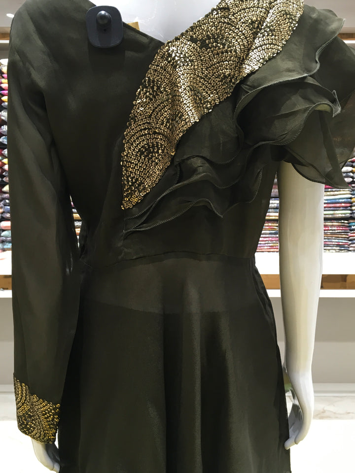 Olive Green Designer top set in georgette with embellished shoulder and modern sleeve cut