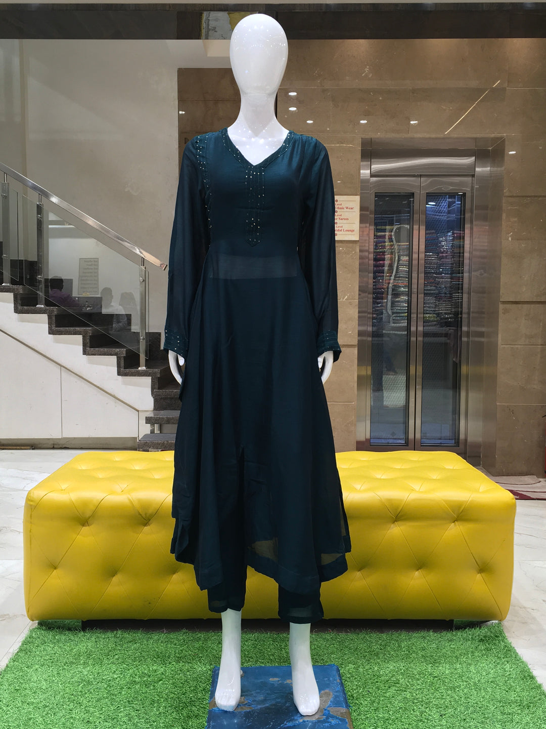 Peacock Blue Sultan Silk Multi-Cut Top with Sequin Work and Straight Bottom