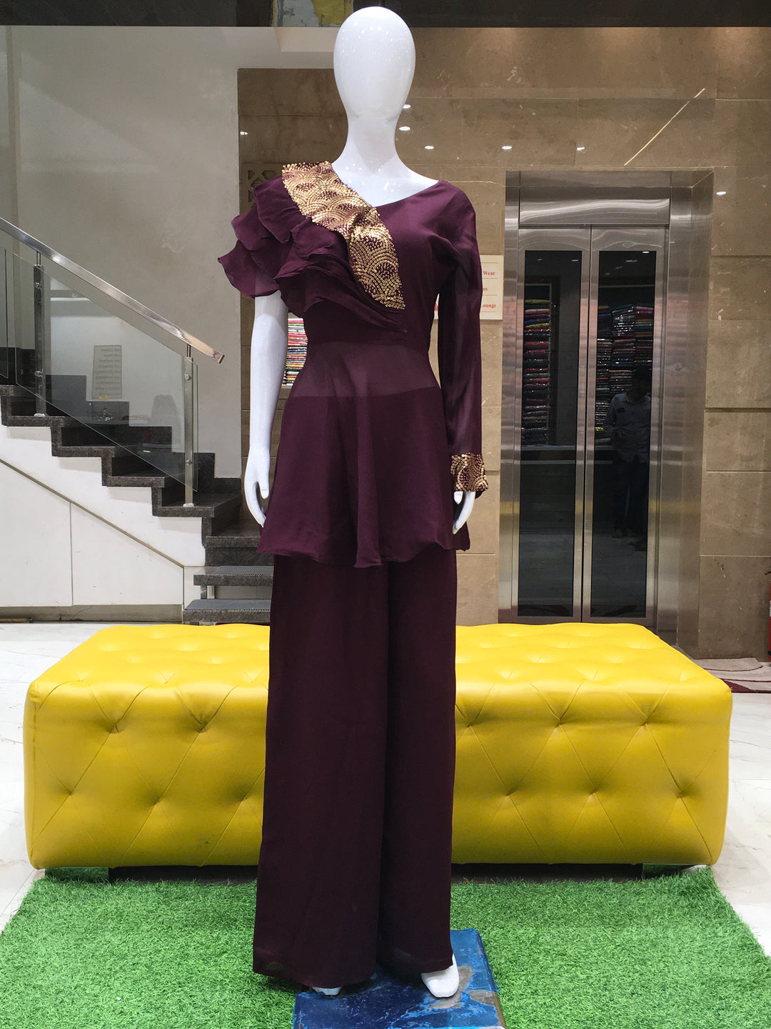 Maroon Georgette pant and designer top set with asymmetrical sequin shoulder and palazzo pants