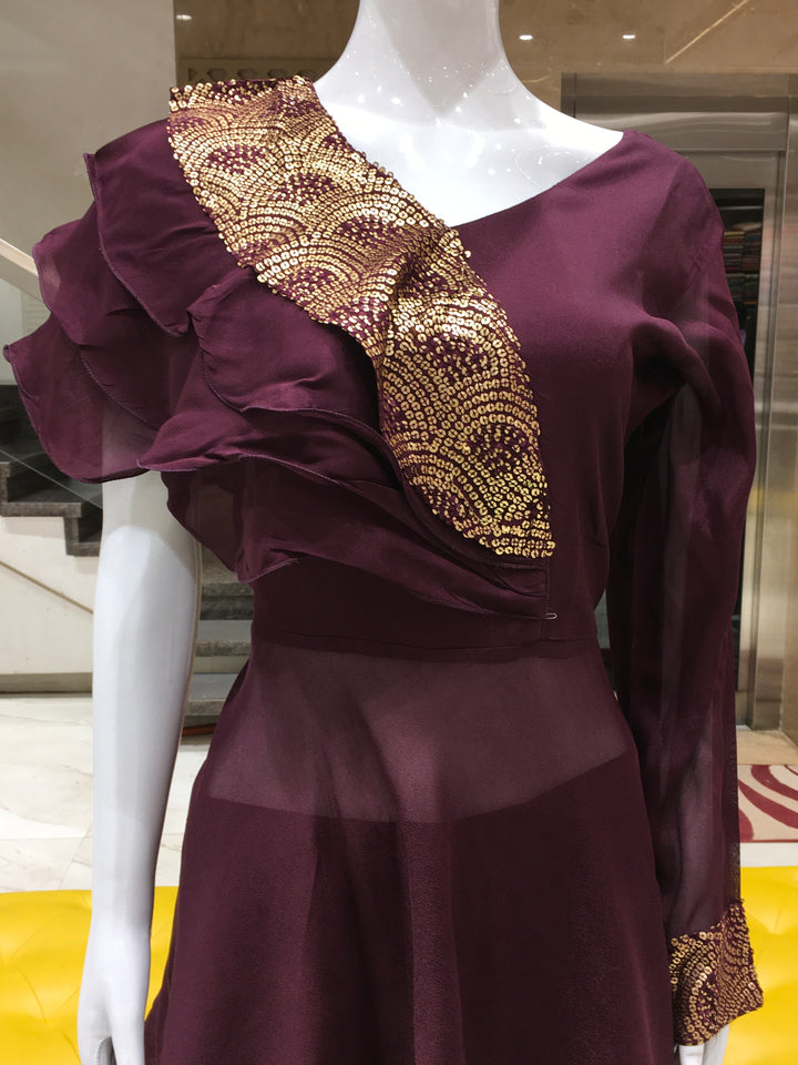 Maroon georgette top with one-side sequin detail and matching palazzo pant designed for contemporary partywear