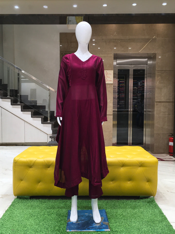 Maroon Sultan Silk Multi-Cut Top with Sequin Work and Straight Bottom

