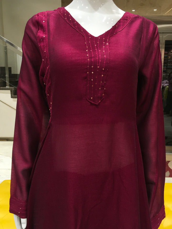 Maroon Silk Layered Top for Women with Long Sleeves