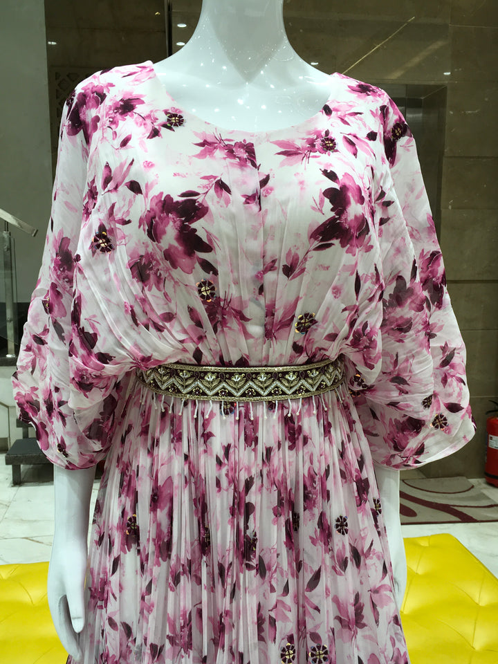 Purple floral print gown in georgette with beaded waistbelt and elegant silhouette