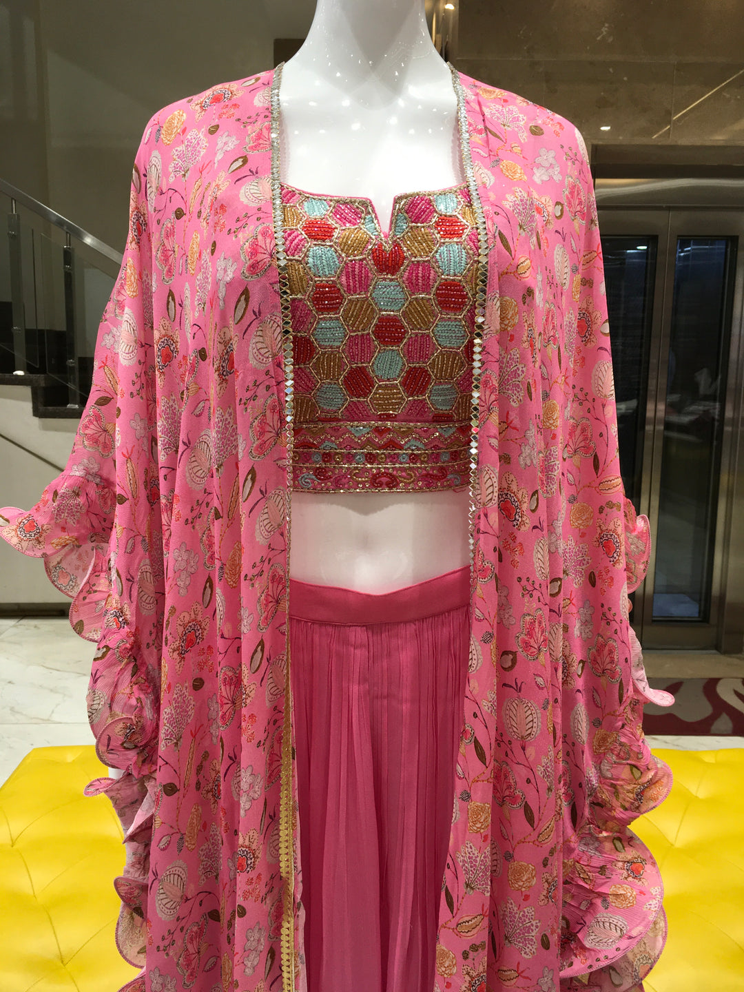 Rose Pink Georgette Crop Top with Palazzo Suit - 150223188 - View 3