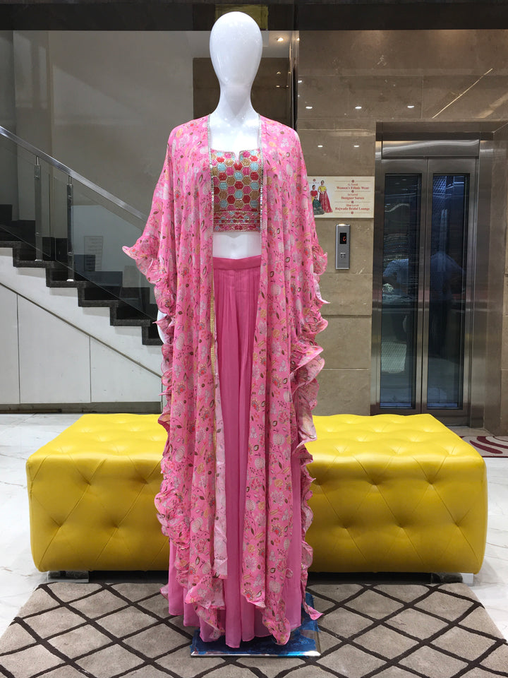 Rose Pink Georgette Crop Top with Palazzo Suit 