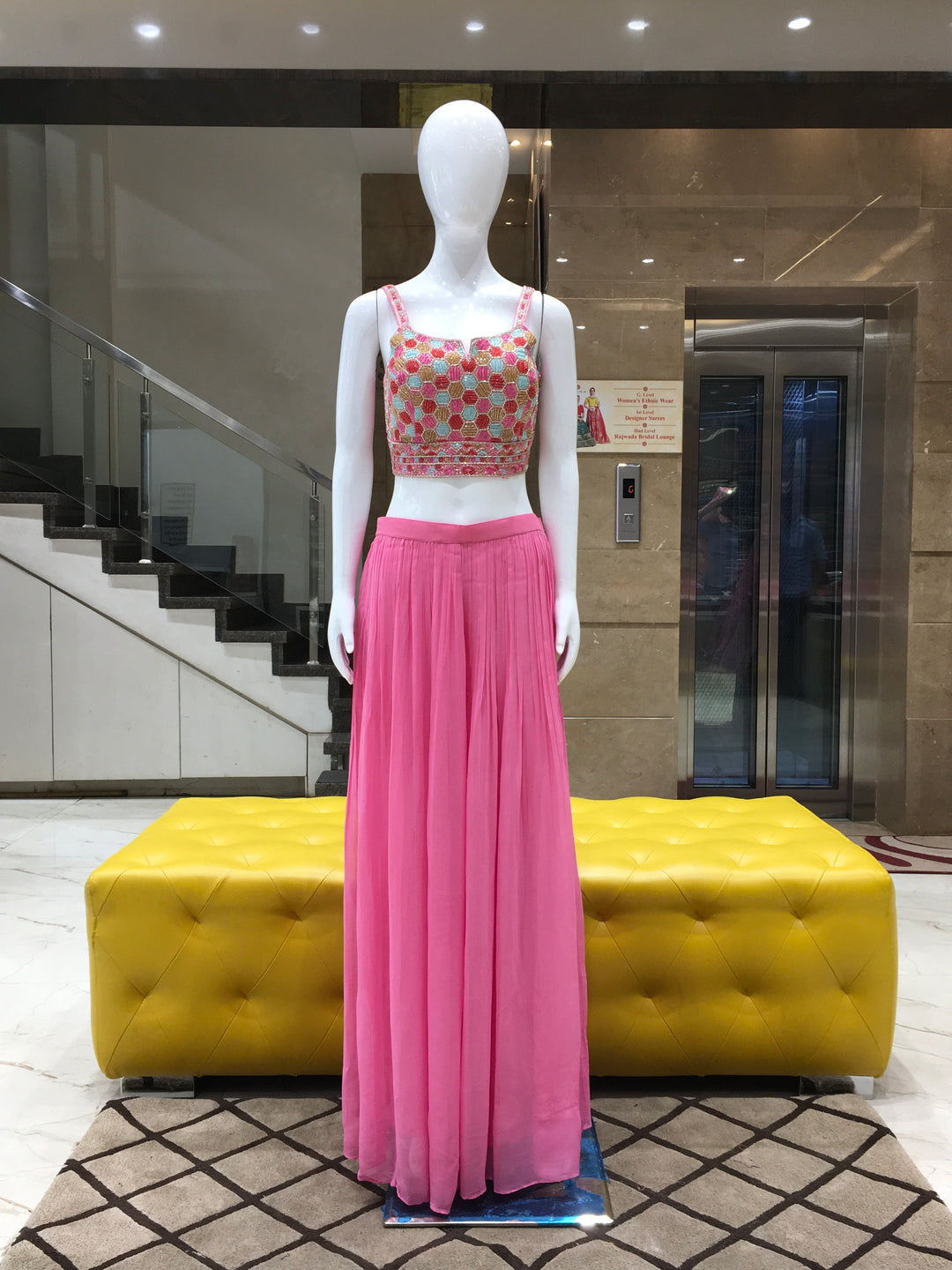 Rose Pink Georgette Crop Top with Palazzo Suit - 150223188 - View 2