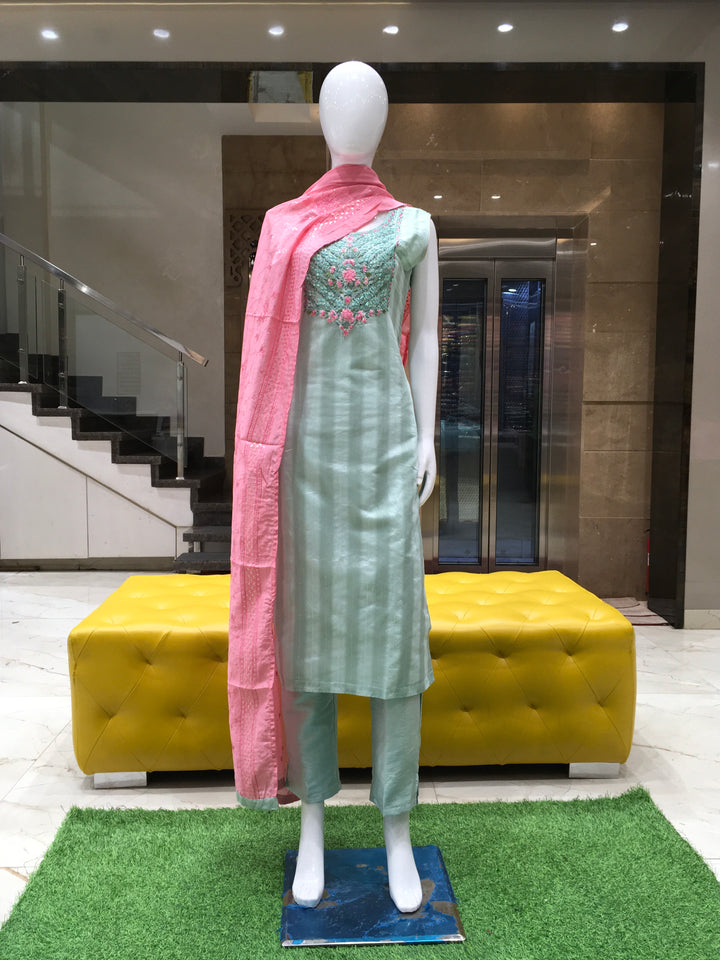 Mint Green Chanderi Cotton Straight Cut Salwar Kameez - 150223303