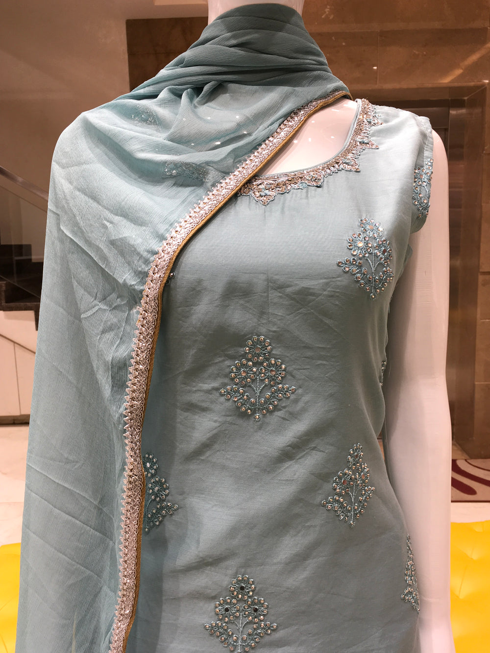 Chanderi Cotton Straight Cut Salwar Kameez with embroidered patch neckline, microstone detailing, pencil pants, and lace-trimmed chiffon dupatta.