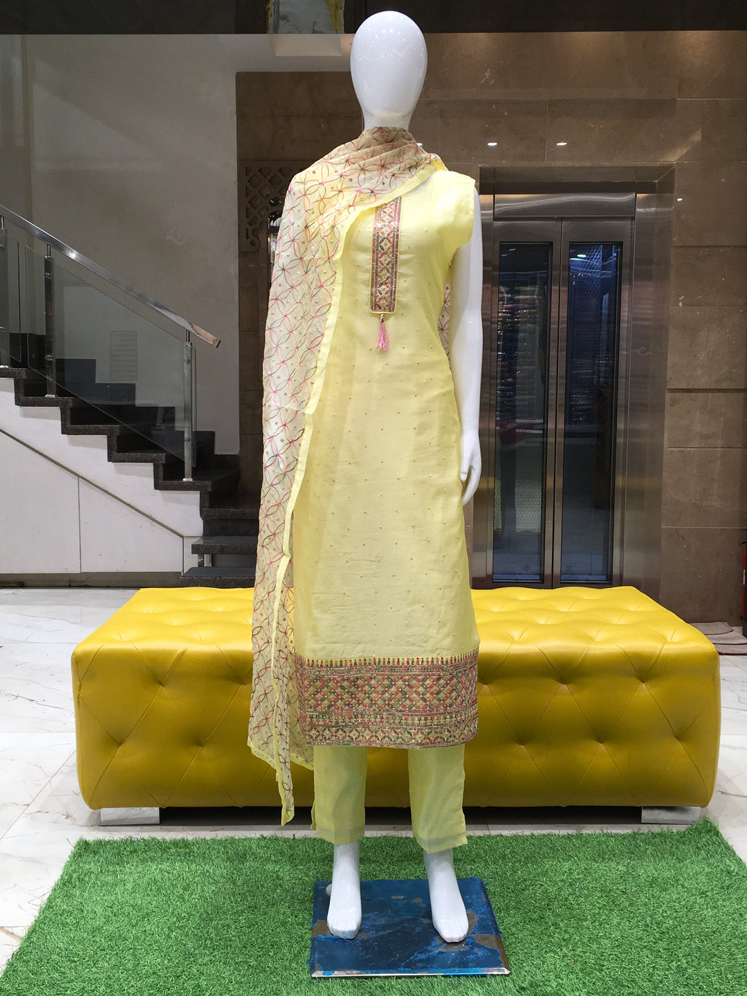 Lemon Yellow Chanderi Cotton Straight Cut Salwar Kameez - 150223328 - View 1