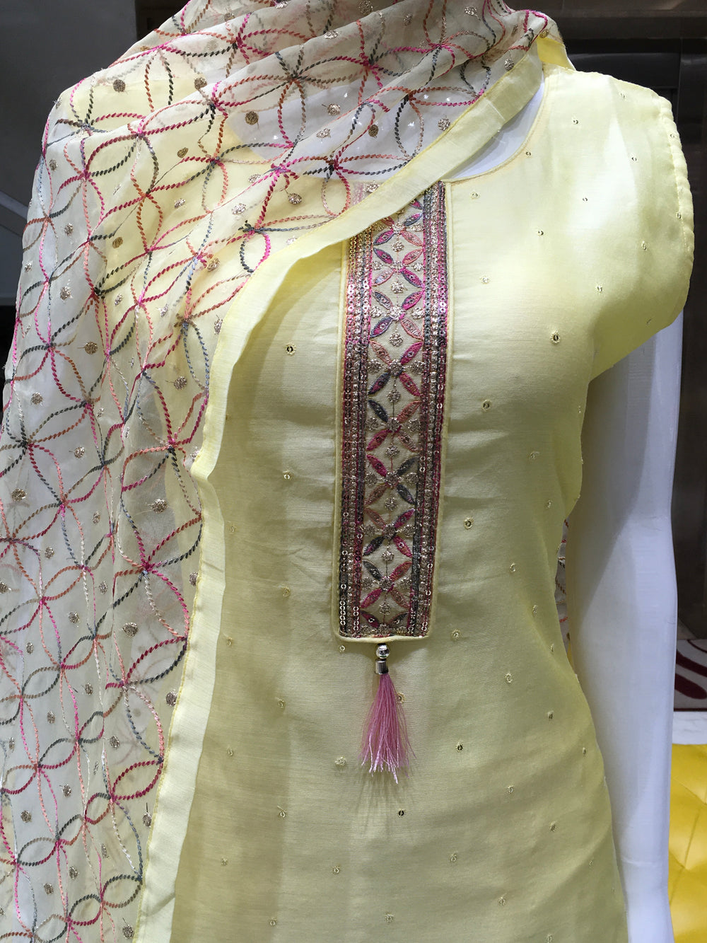 Lemon Yellow Chanderi Cotton Straight Cut Salwar Kameez - 150223328 - View 2