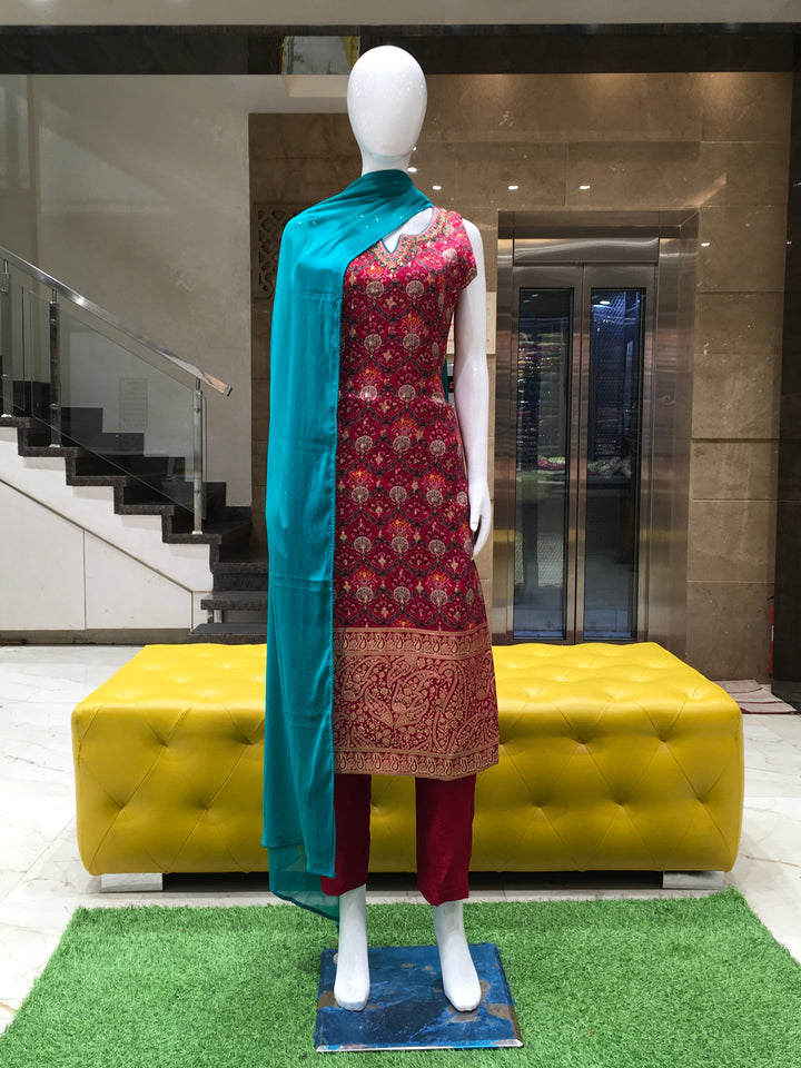 Maroon Chanderi Cotton Straight Cut Salwar Kameez - 150223319 - View 1