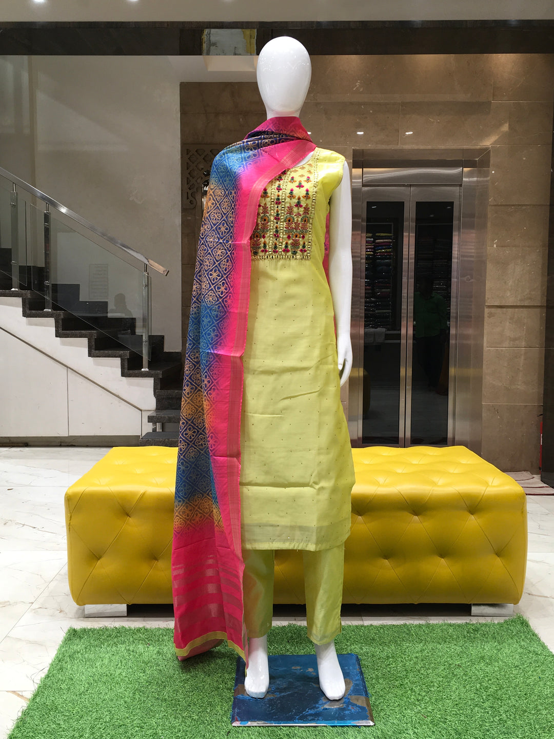 Lemon Yellow Chanderi Cotton Straight Cut Salwar Kameez 