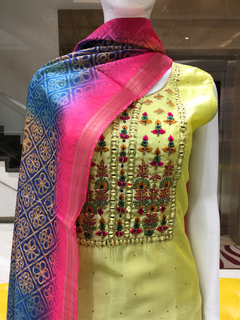 Lemon Yellow Chanderi Cotton Straight Cut Salwar Kameez 