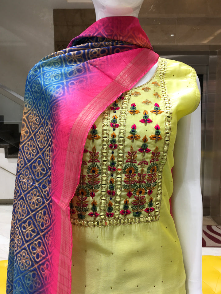 Lemon Yellow Chanderi Cotton Straight Cut Salwar Kameez 
