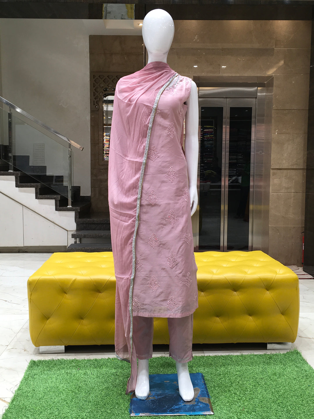 Chanderi Cotton Straight Cut Salwar Kameez with embroidered patch neckline, microstone detailing, pencil pants, and lace-trimmed chiffon dupatta.