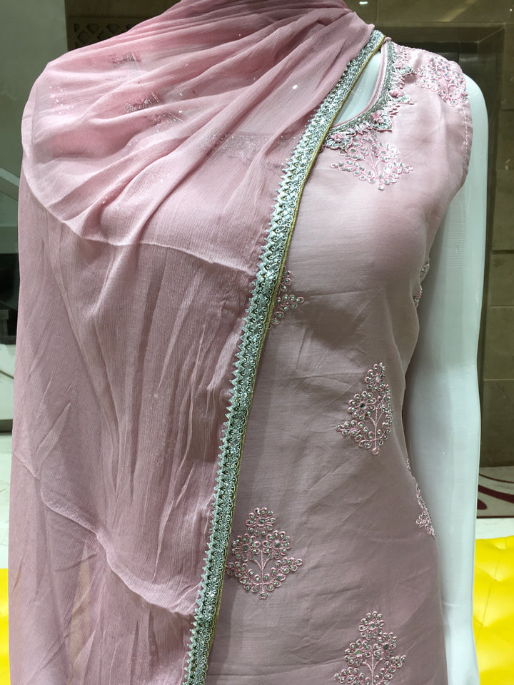 Chanderi Cotton Straight Cut Salwar Kameez with embroidered patch neckline, microstone detailing, pencil pants, and lace-trimmed chiffon dupatta.