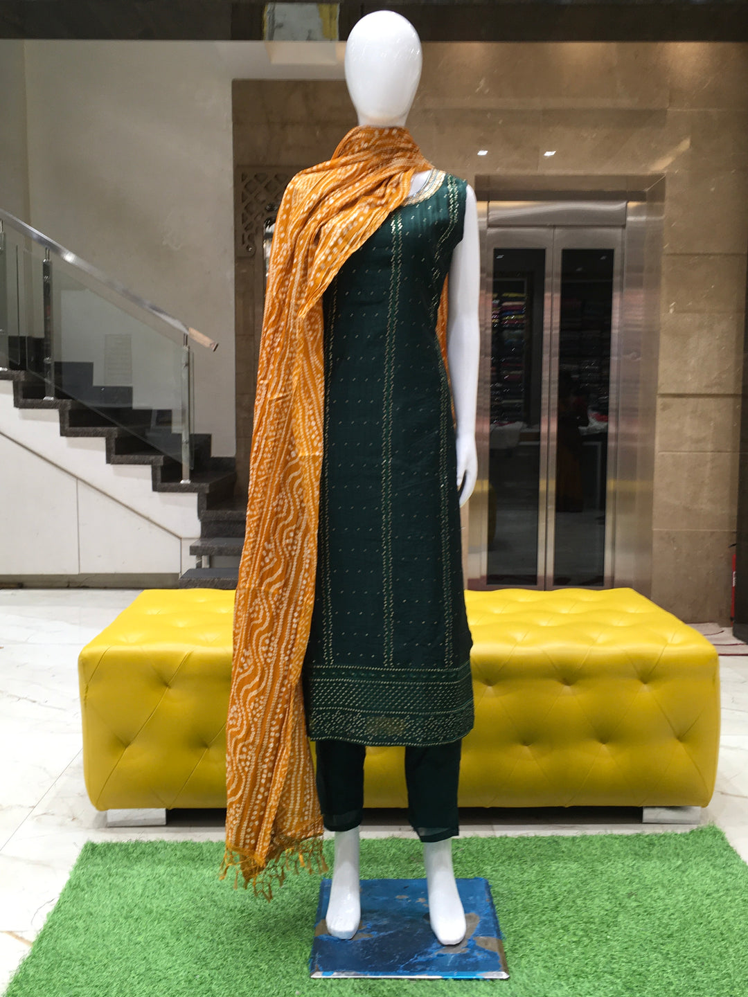 Bottle Green Chanderi Cotton Straight Cut Salwar Kameez - 150223246 - View 1
