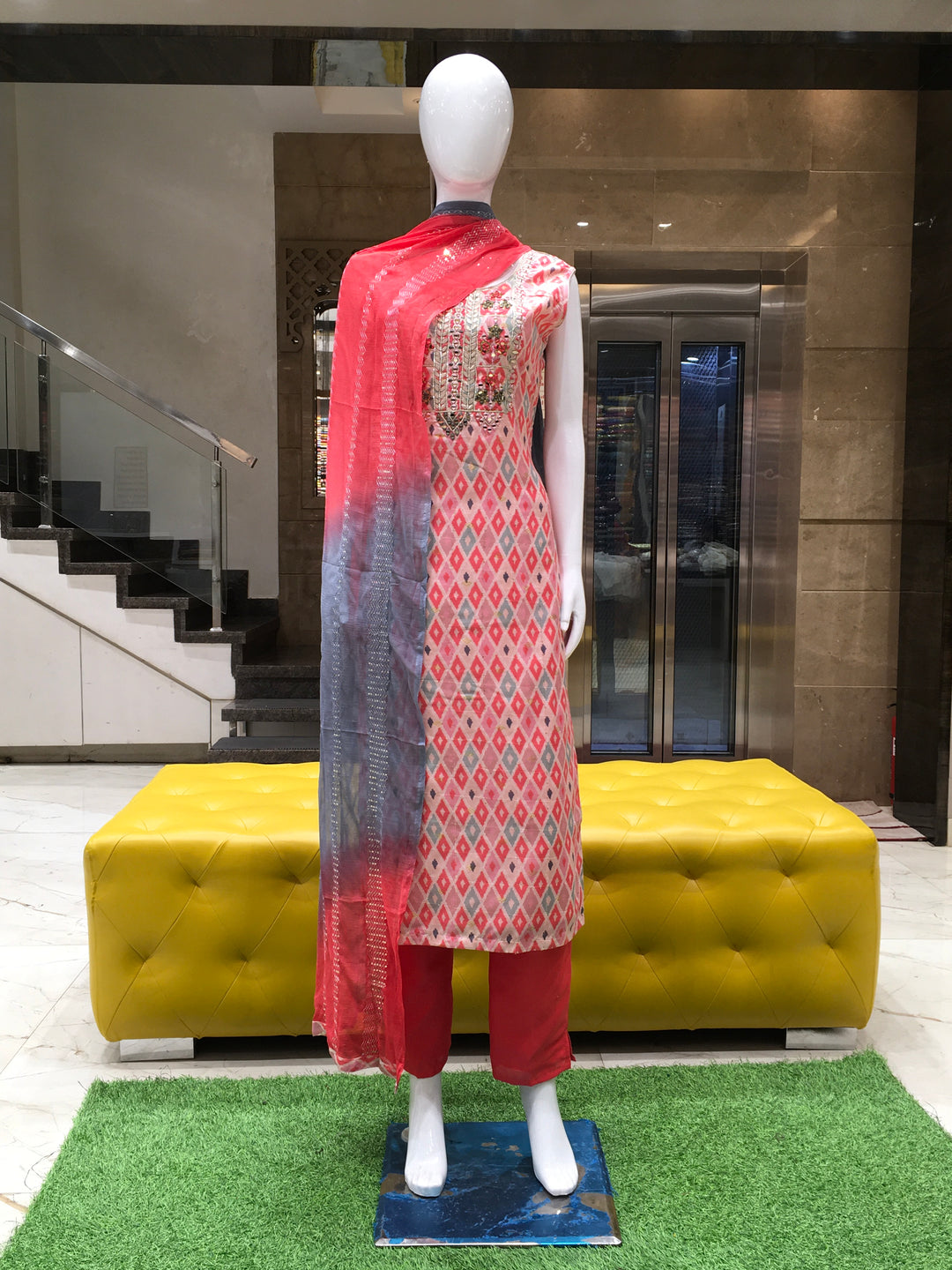 Chanderi Cotton Straight Cut Salwar Kameez with diamond print, gota patti embroidery, and dual-tone dupatta with sequin lace, displayed on mannequin.
