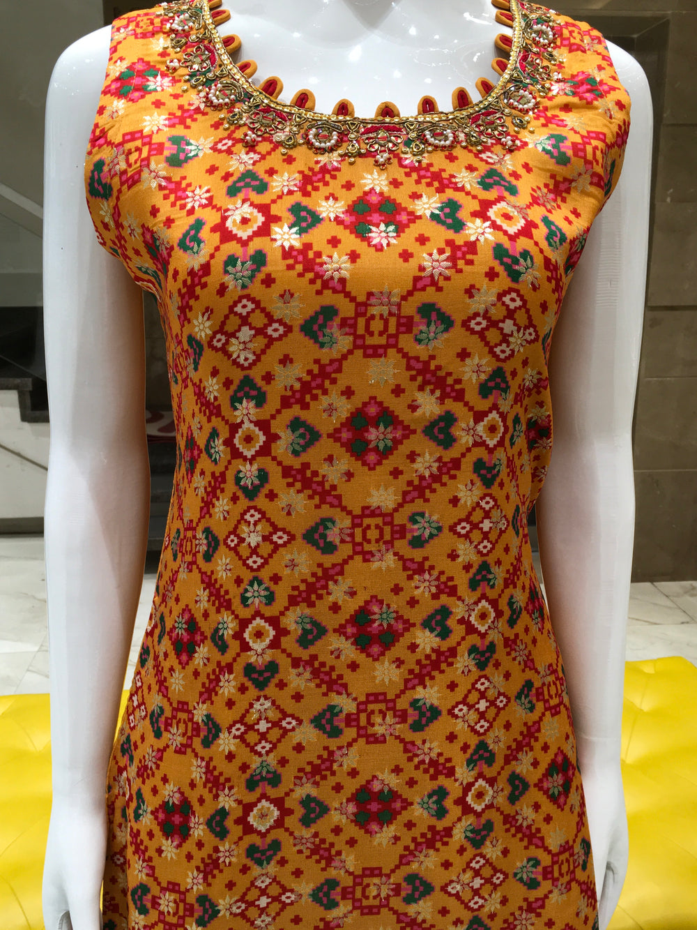 Patola printed kurta set with abstract red border and traditional styling
