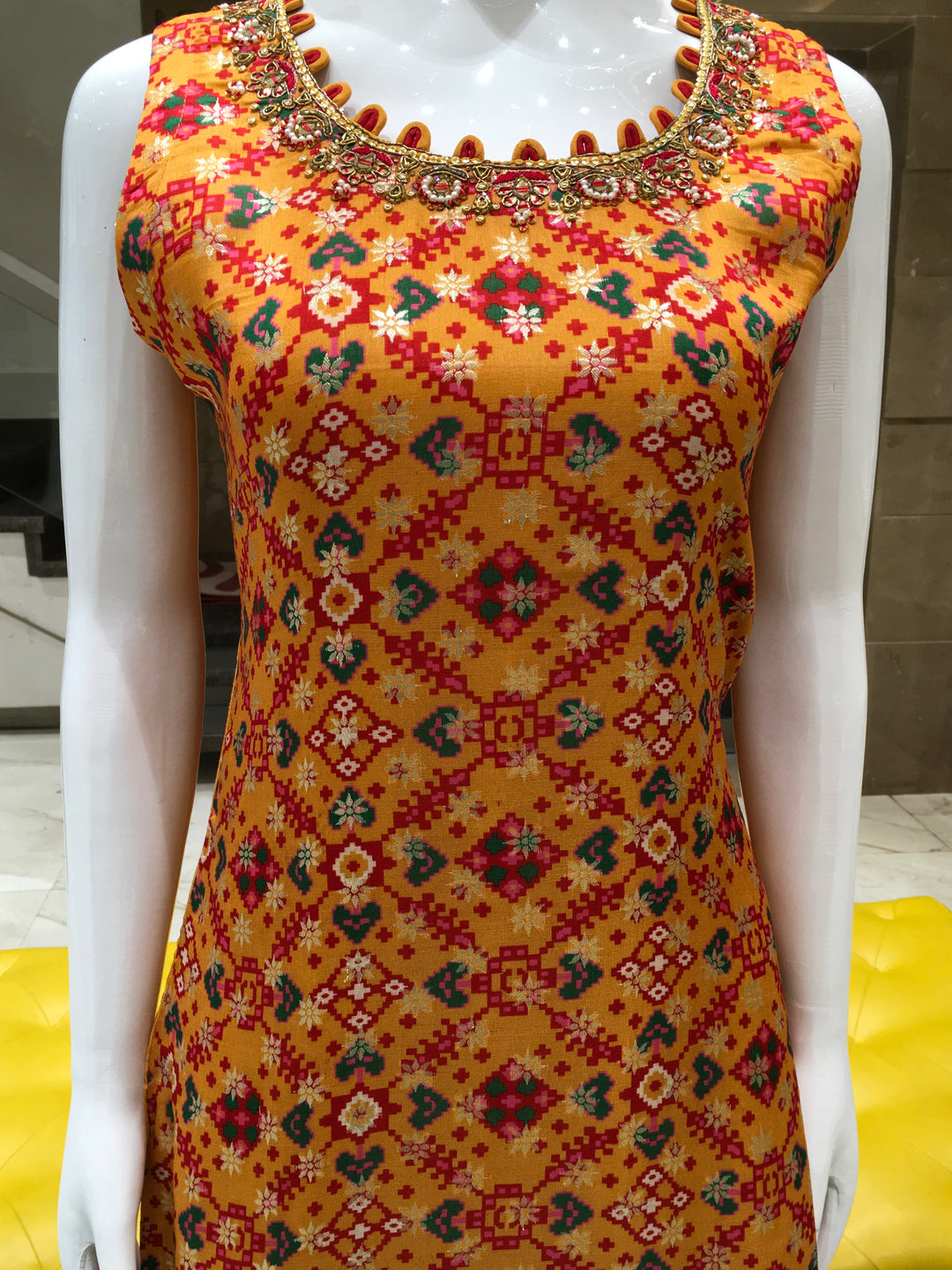 Patola printed kurta set with abstract red border and traditional styling