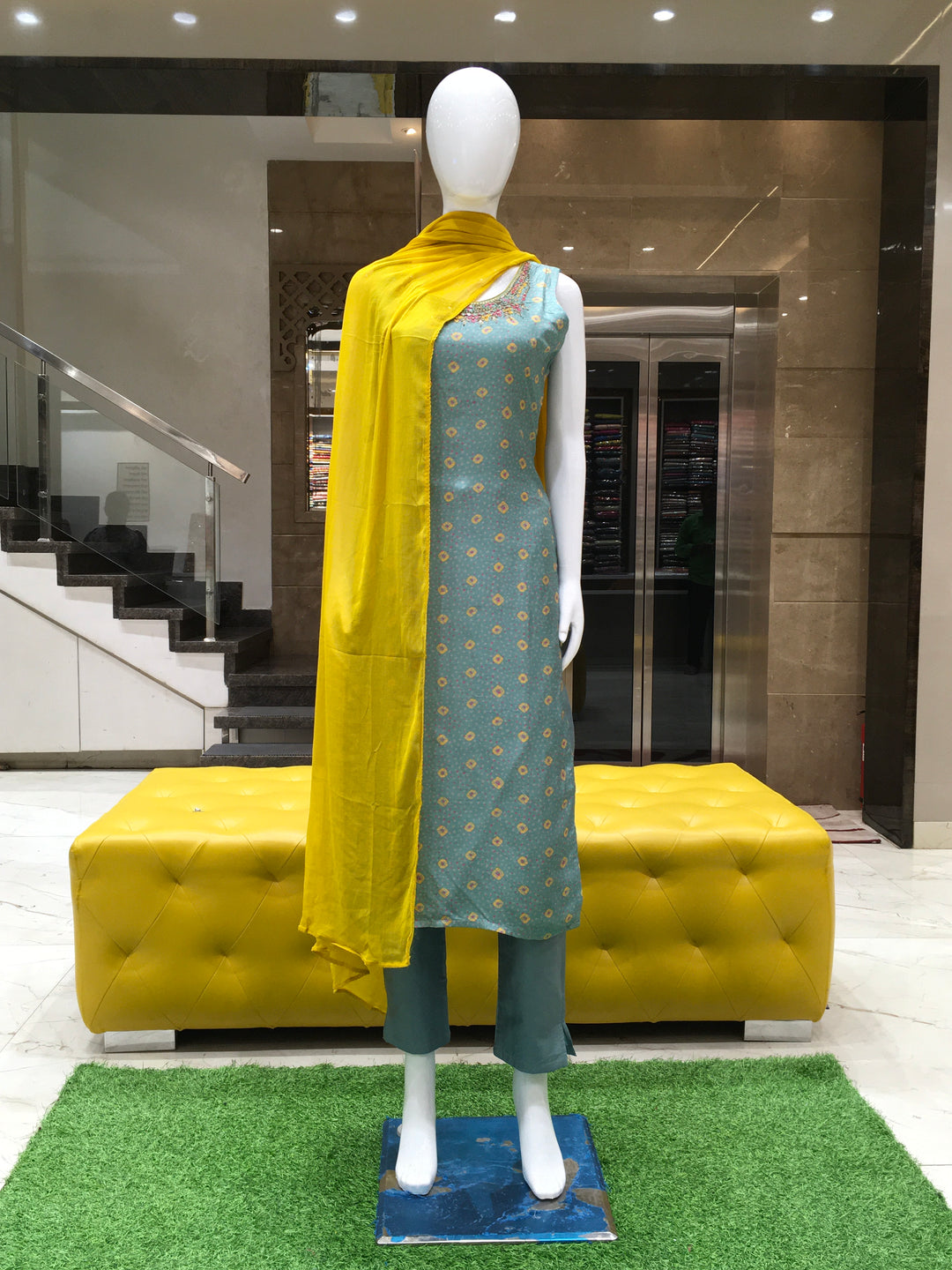 Printed green Chanderi salwar kameez with sequin embroidery and yellow contrast dupatta