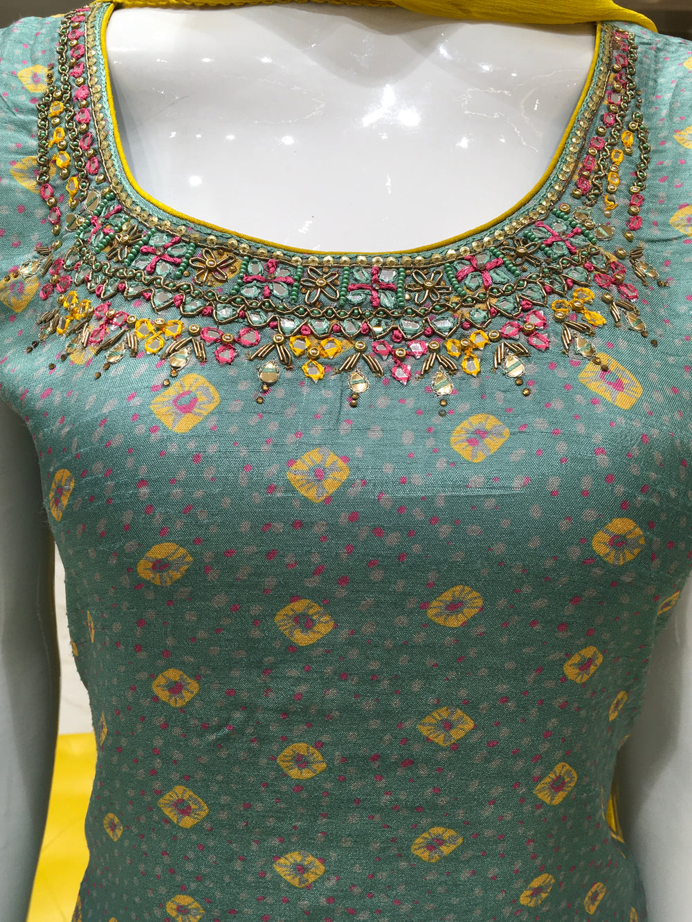 Green Chanderi Cotton Straight Cut Salwar Kameez with Sequin-detailed neckline