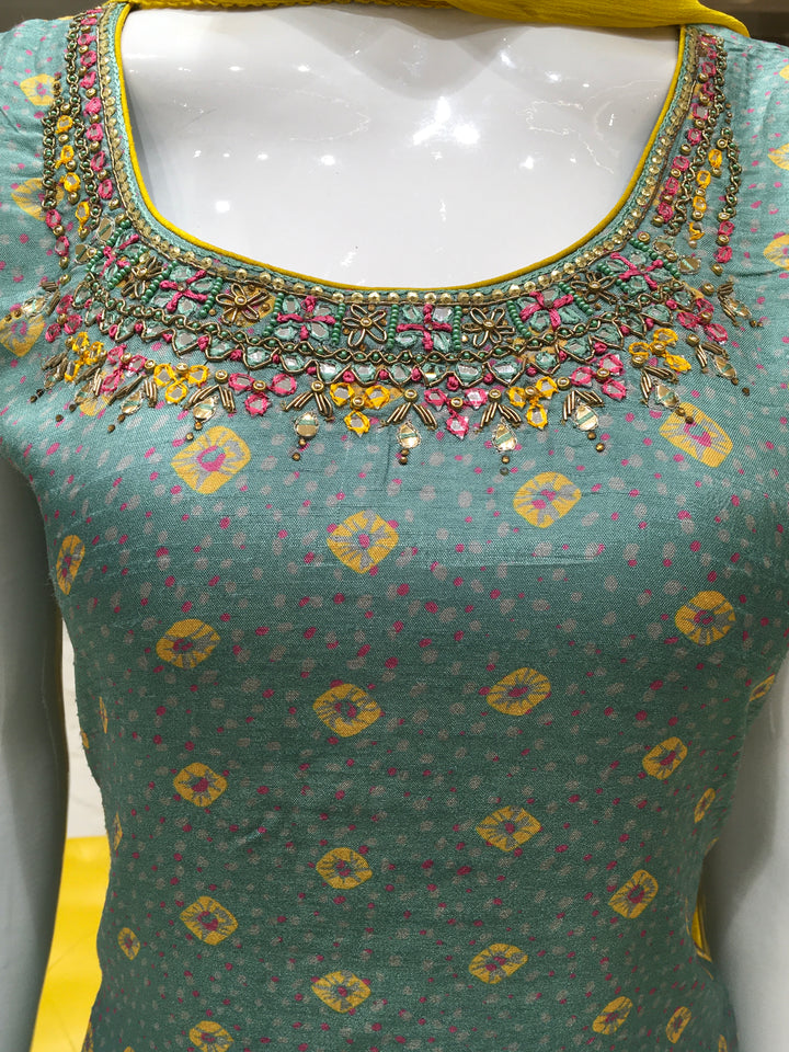 Green Chanderi Cotton Straight Cut Salwar Kameez with Sequin-detailed neckline