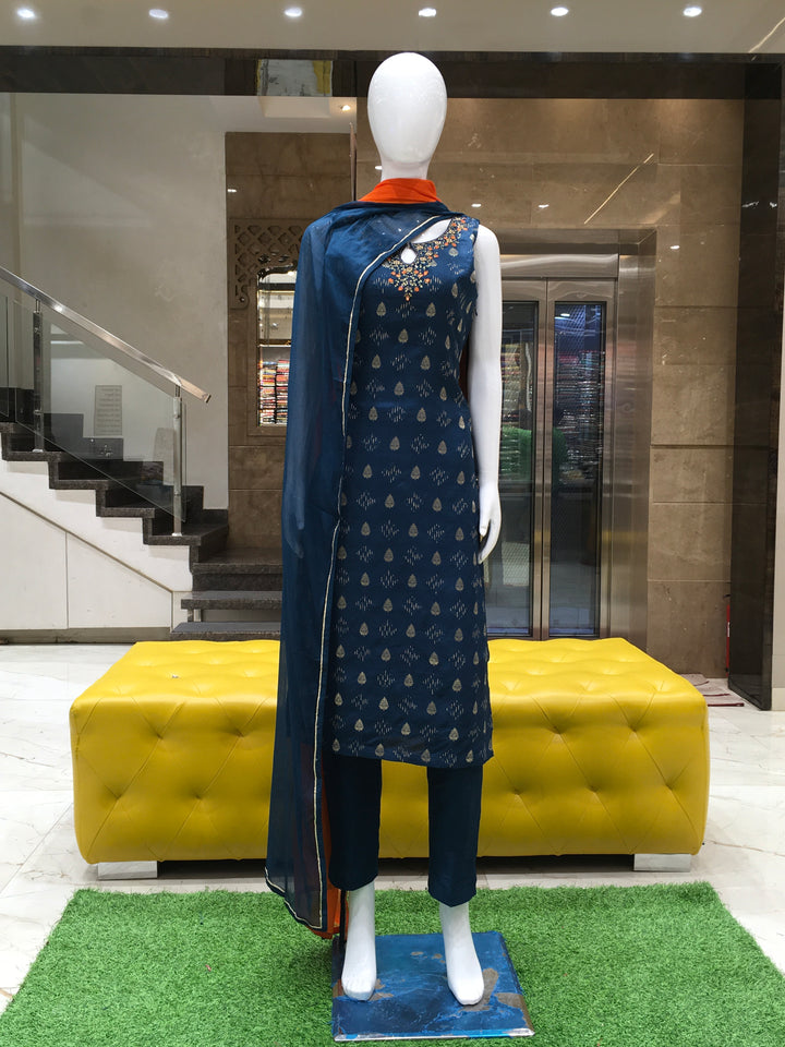 Navy blue salwar kameez with mirror and bead embellished neckline