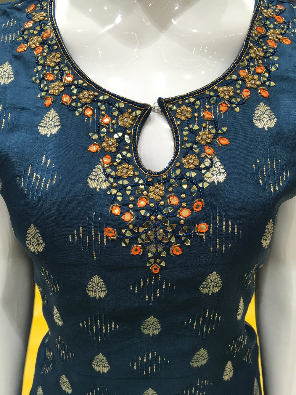 Ethnic straight cut navy kurta set for women with hook neck detailing and sequins