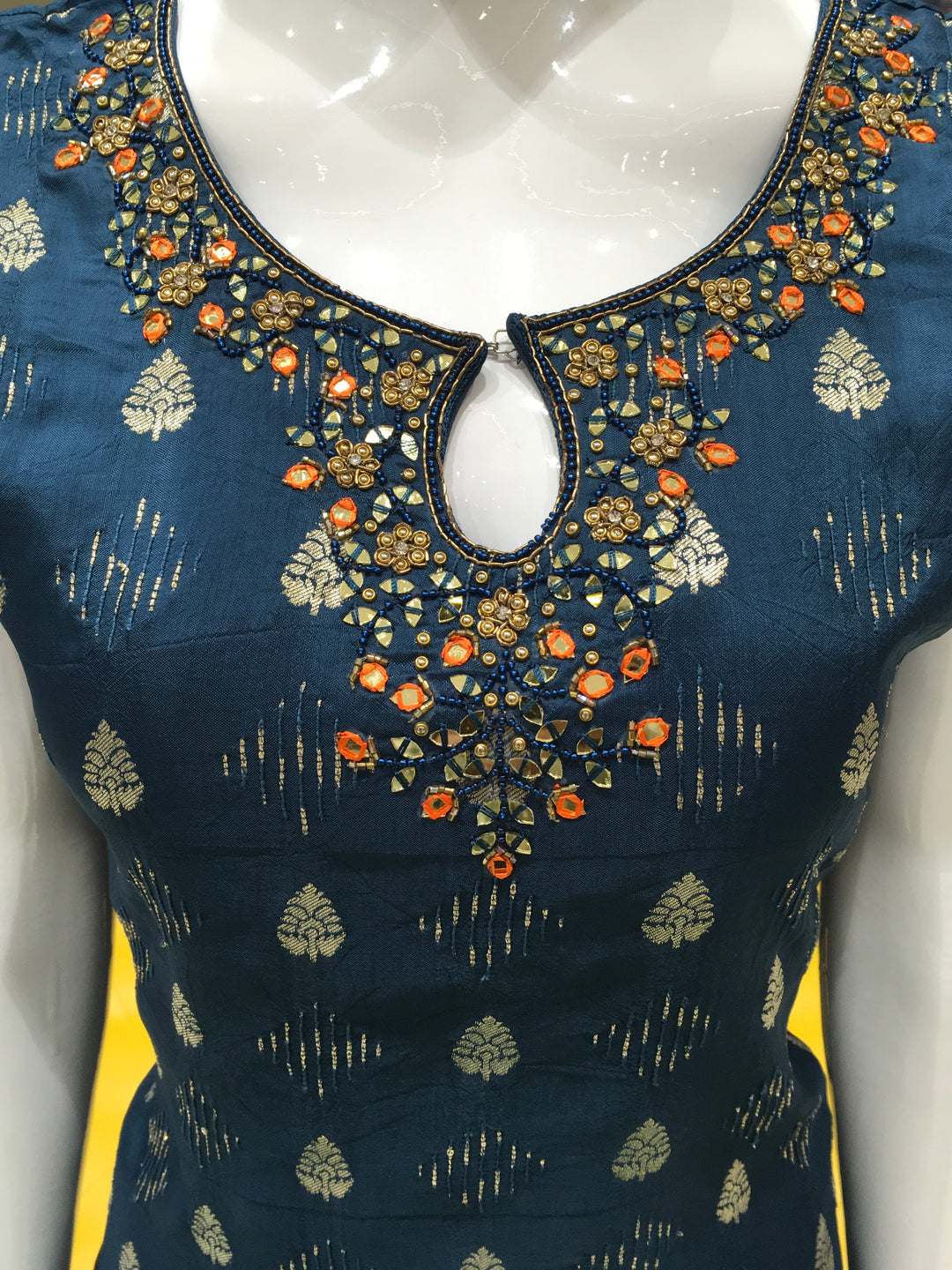 Ethnic straight cut navy kurta set for women with hook neck detailing and sequins
