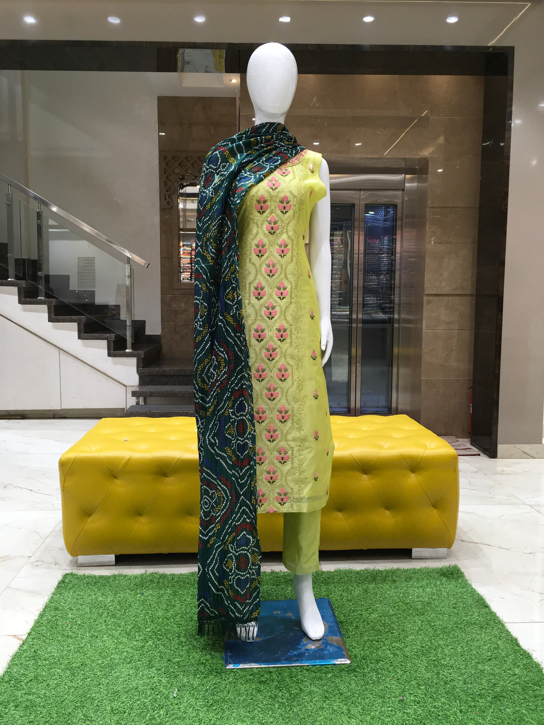 Lime green chanderi cotton salwar kameez with sequin floral embroidery and bottle green dupatta