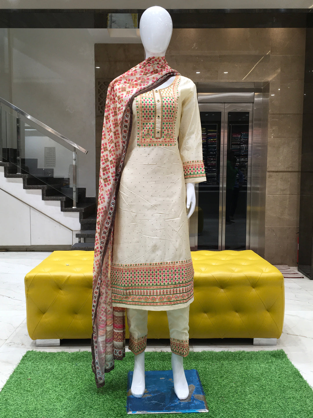 Ivory Chanderi cotton salwar kameez with zircon details, full sleeves, and printed dupatta