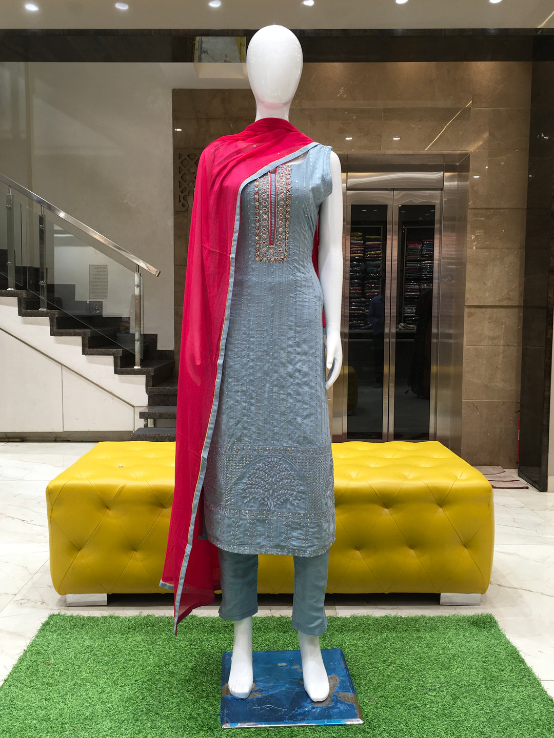 Water Blue Chanderi salwar kameez with shimmer stripes, mirror neckline, and contrast dupatta