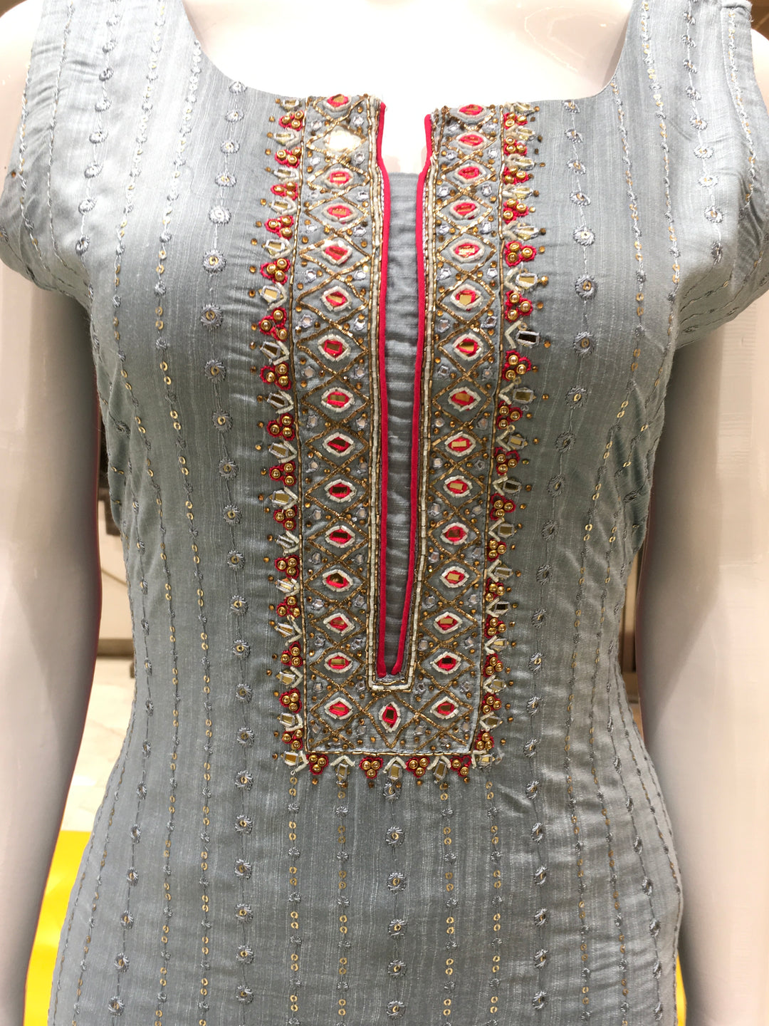 Water Blue Salwar kameez with detailed sequin yoke and subtle two-tone fabric effect

