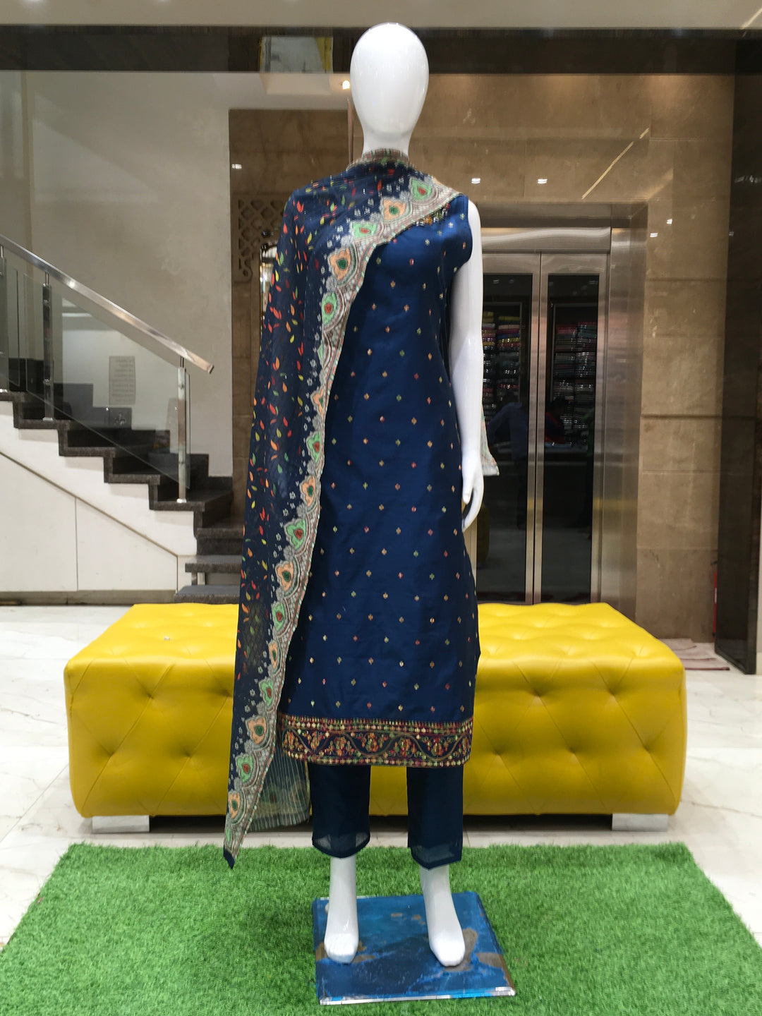 Navy blue chanderi cotton salwar kameez with mirror embroidery and floral chiffon dupatta