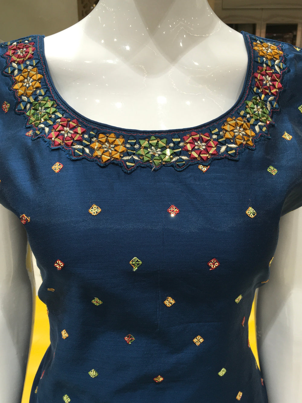Straight cut navy blue suit with multicolour threadwork and sequin detailing