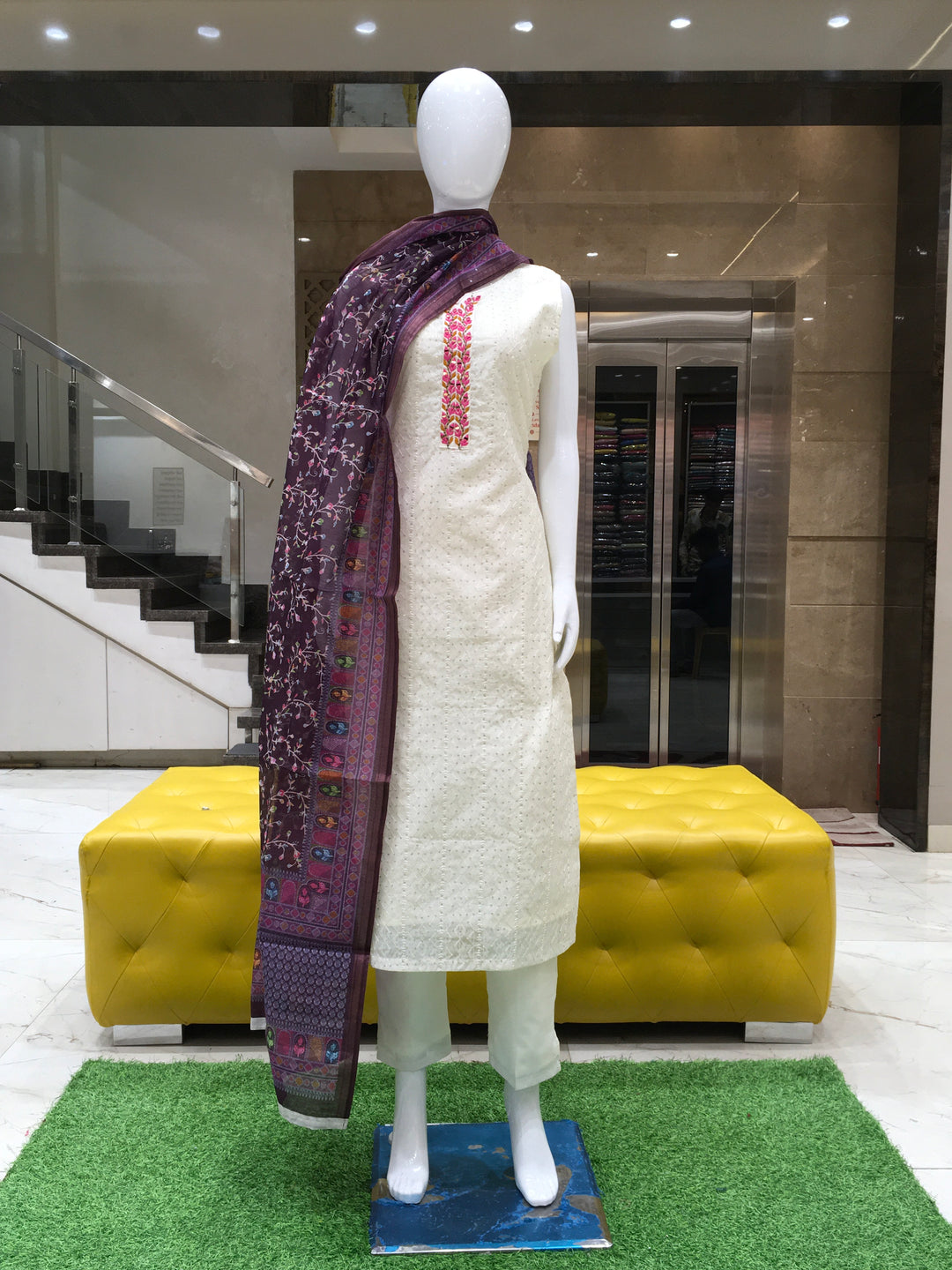 Cream chanderi cotton straight cut salwar kameez with floral embroidery and mirror work