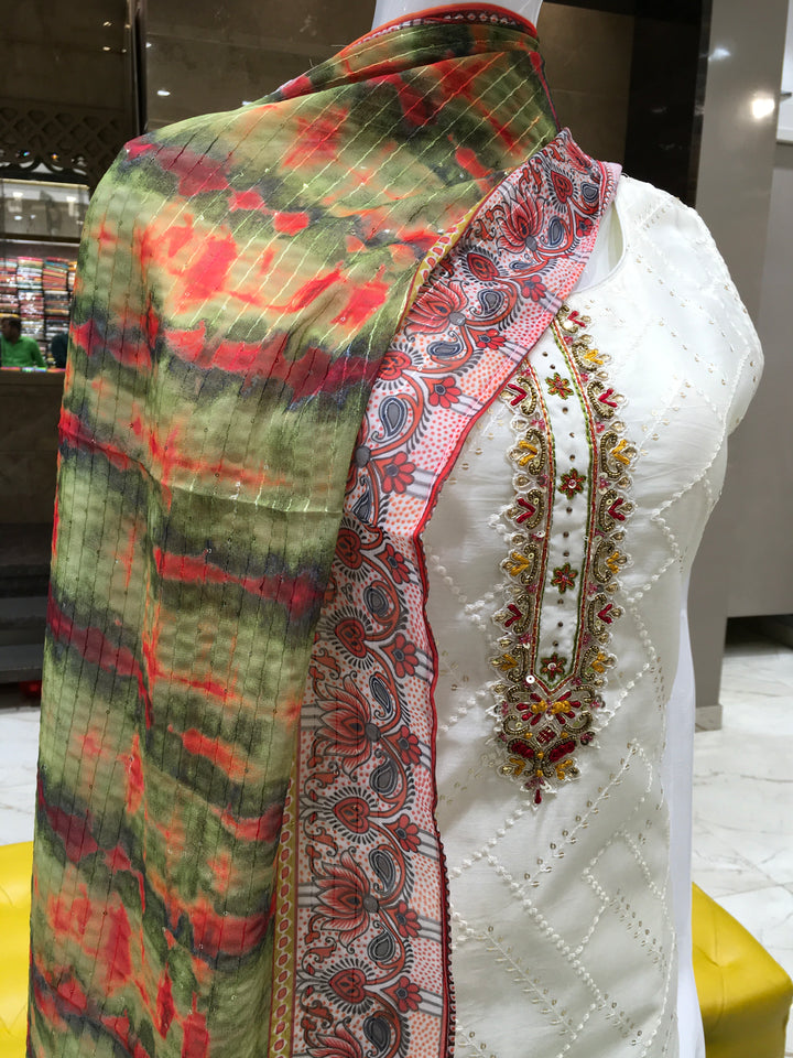 Cream Embroidered Salwar Kameez with Multicolour Dupatta
