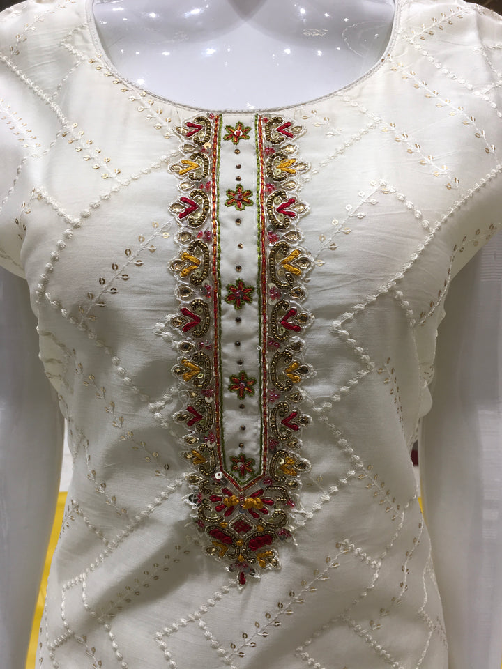 Cream Embroidered Salwar Kameez with Multicolour Dupatta