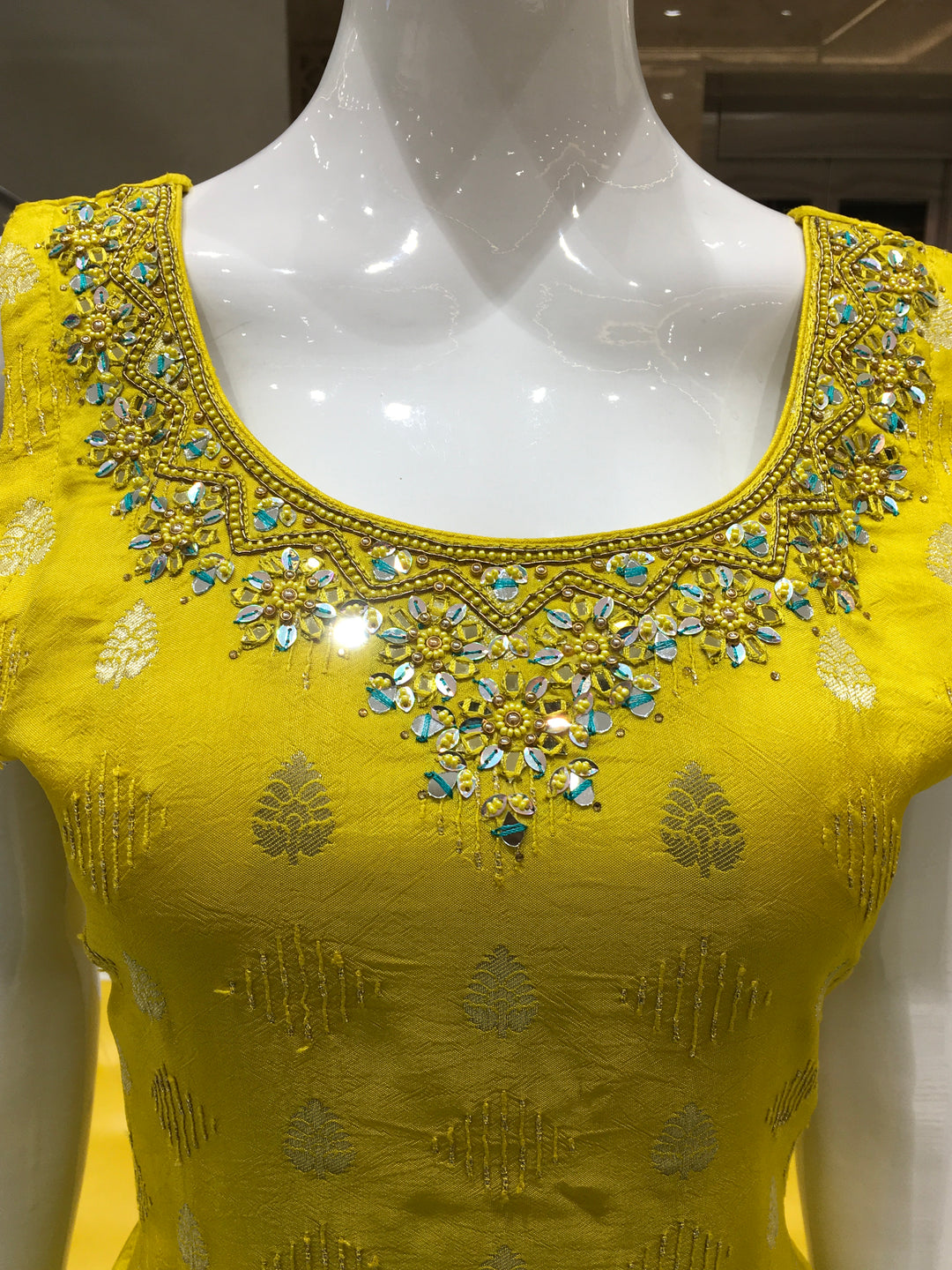 Chanderi Cotton Straight Cut Salwar Kameez in lemon green with embellished neckline, Banarasi motifs, and contrast blue shaded chiffon dupatta.