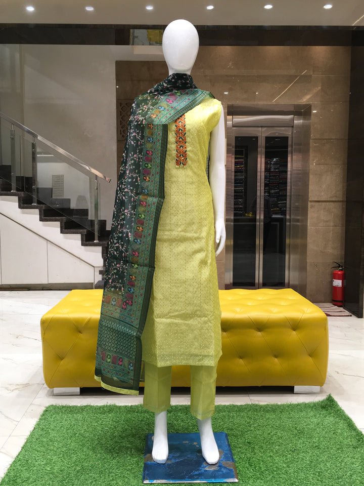 Light Green chanderi cotton straight cut salwar kameez with floral embroidery and mirror work

