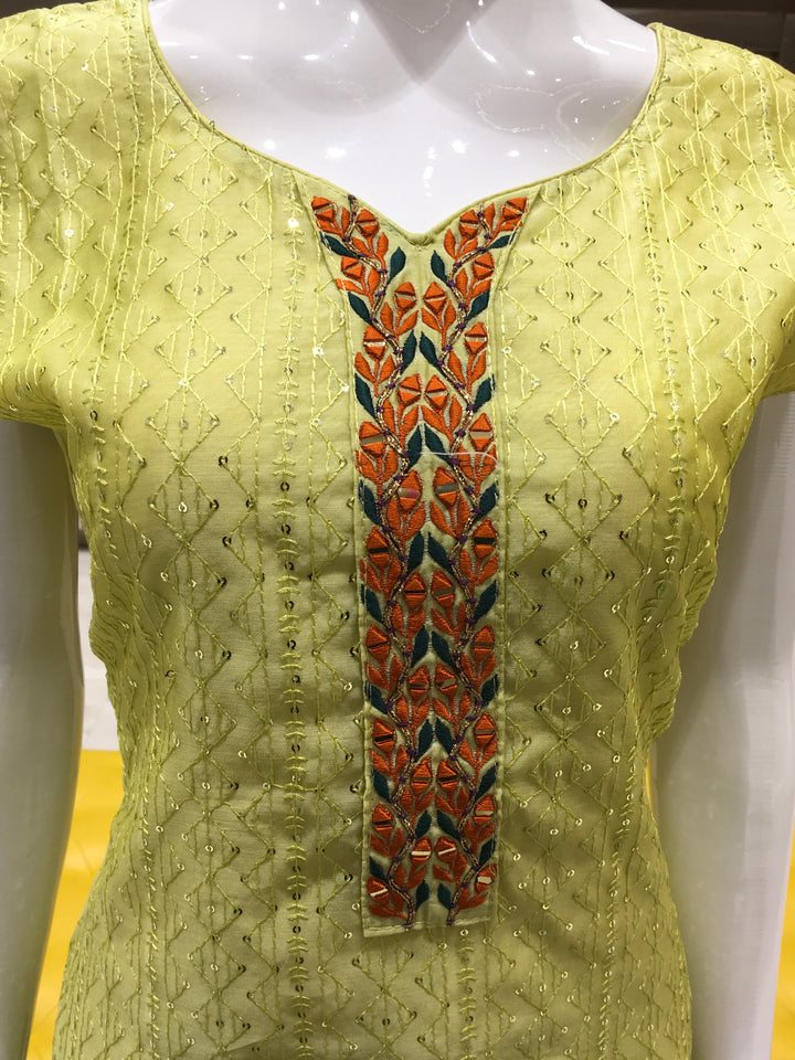  Elegant Light Green embroidered chanderi suit with floral threadwork and sequin embellishment
