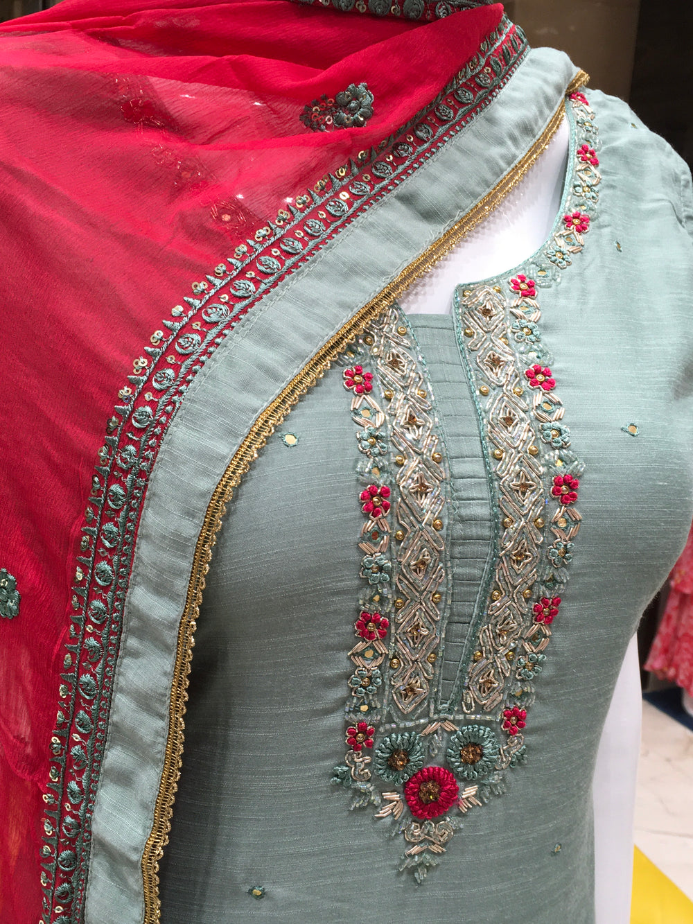 Peachy Pink/Sea Green Muslin Silk Straight Cut Salwar Kameez - 15032384 - View 2