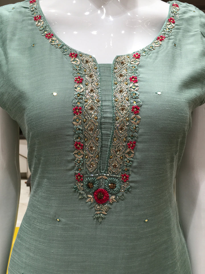 Peachy Pink/Sea Green Muslin Silk Straight Cut Salwar Kameez - 15032384 - View 3