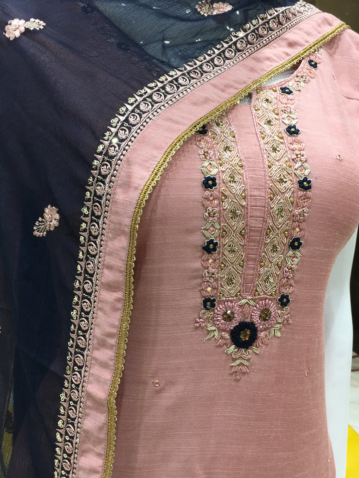 Peachy Pink/Sea Green Muslin Silk Straight Cut Salwar Kameez - 15032384 - View 5
